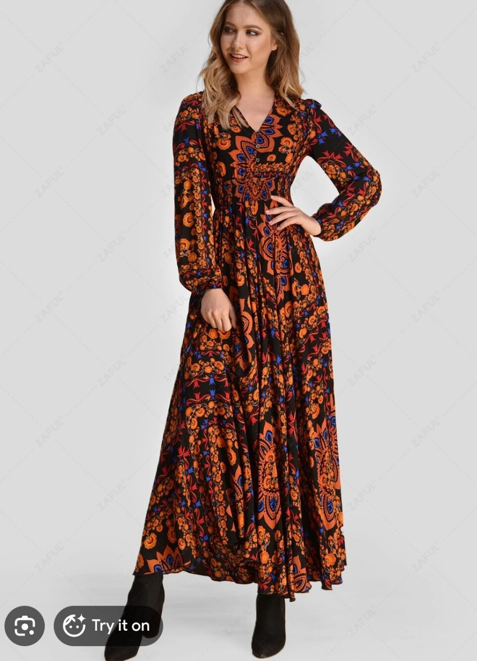 Bohemian Floral V-Neck Maxi Dress in Orange and Black